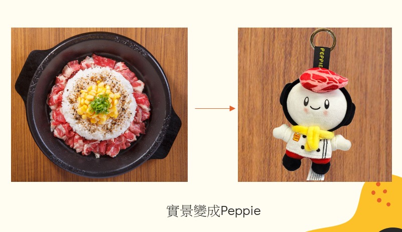 由菜餚變成PEPPIE仔，正式影片中的PEPPIE不會出現鑰匙扣和標籤。