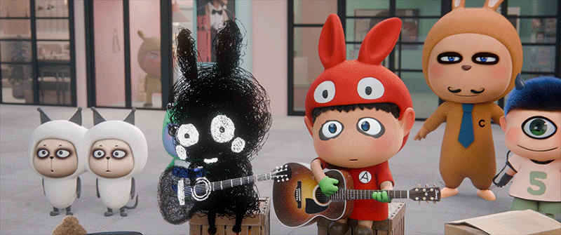 一眾角色加入A仔，一起在百老匯電影中心前Busking。
More characters join Aboy to busk together in front of the Broadway Cinema Centre.