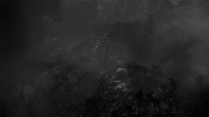 Bones bloom from the mud.