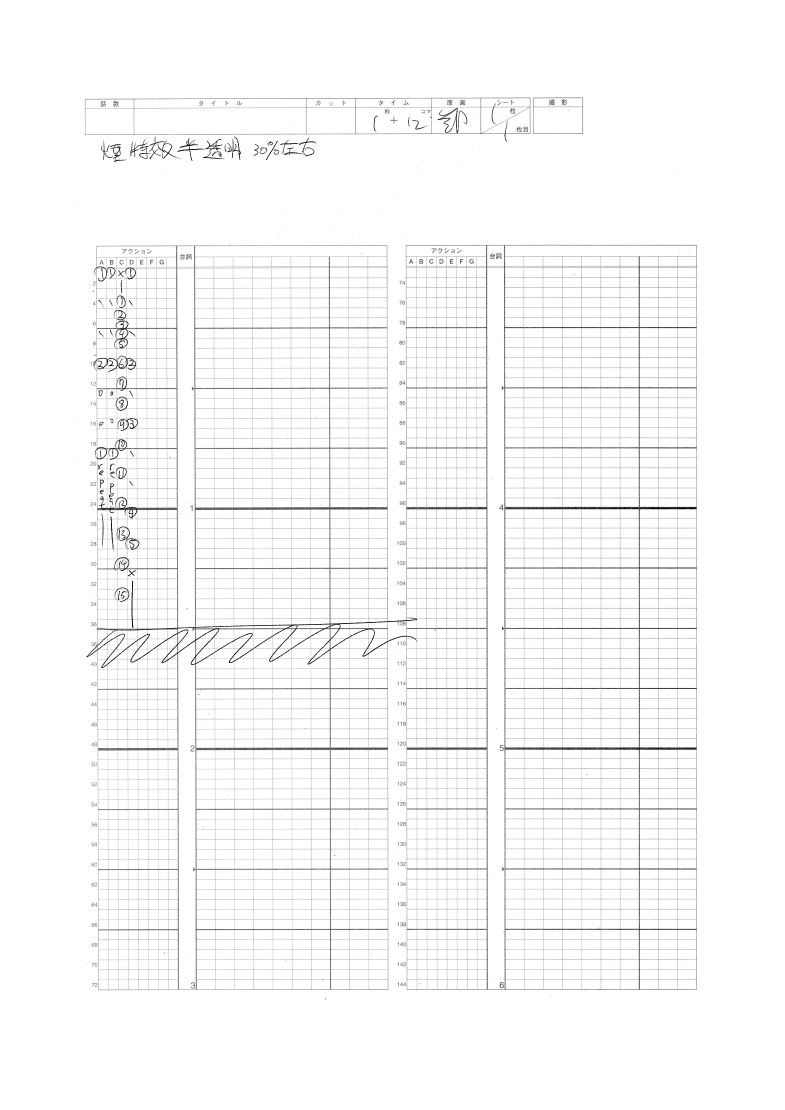 與Yabee Creative交接原畫時,使用了日本動畫製作的「律表」(Time Sheet),記錄每個鏡頭的排frame資訊。