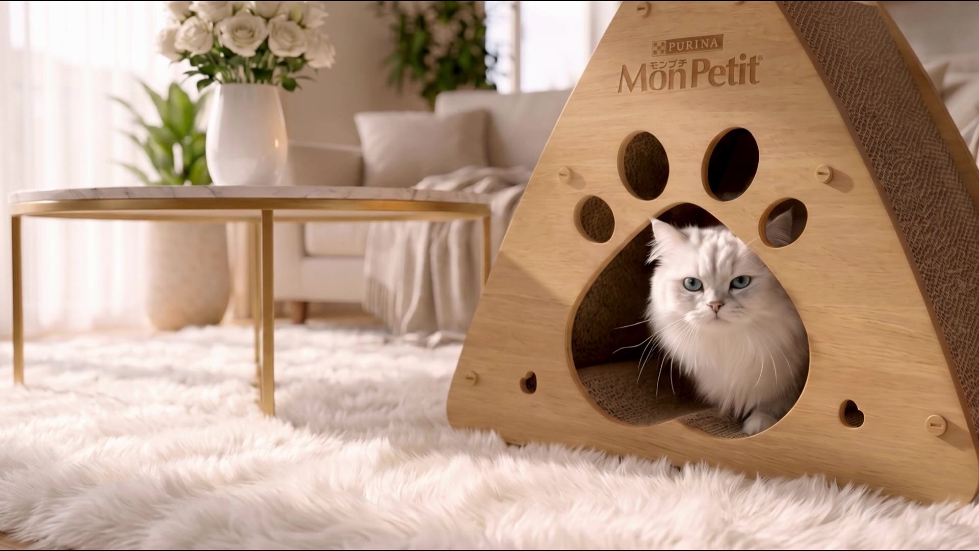 木の家から出てくる猫
