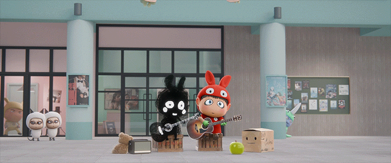A仔彈busking期間，突然聽到話外聲，眾人四處張望。
While Aboy is busking, he suddenly hears a voice off-screen, and everyone looks around.