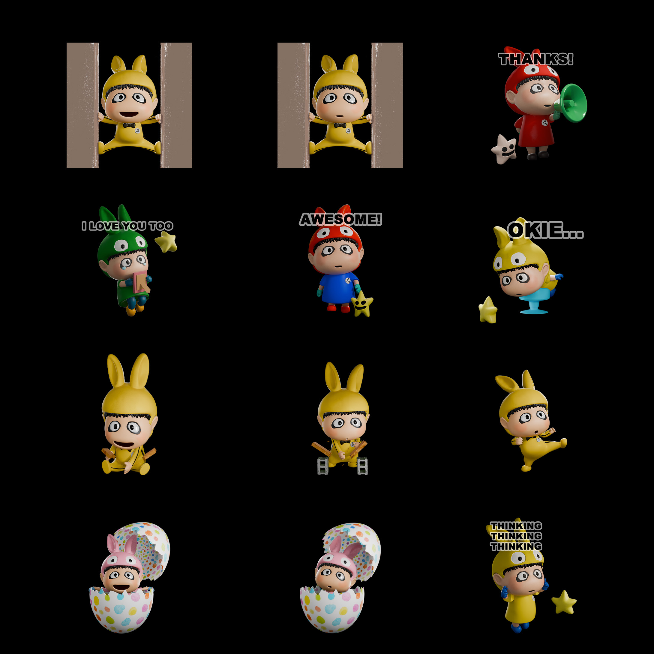 目前所有的貼圖，全部都在Whatsapp上架，並且全是Gif圖。
All current stickers are available on WhatsApp, and all of them are GIFs.