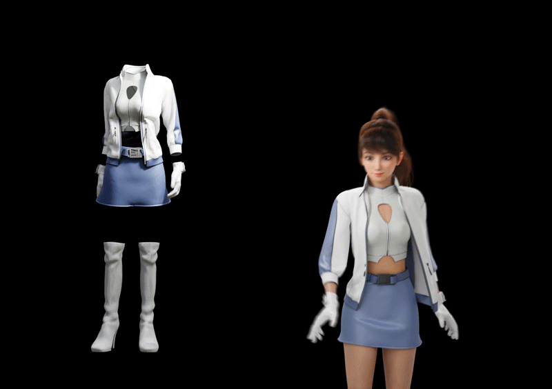 以Marvelous Designer製作衣服（左），再於Blender結合角色動畫與衣服的Simulation動畫（右）。